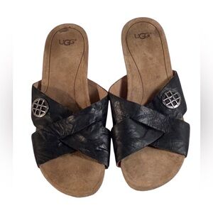 UGG Black Leather Slide Wedge Sandals Womens Size 8